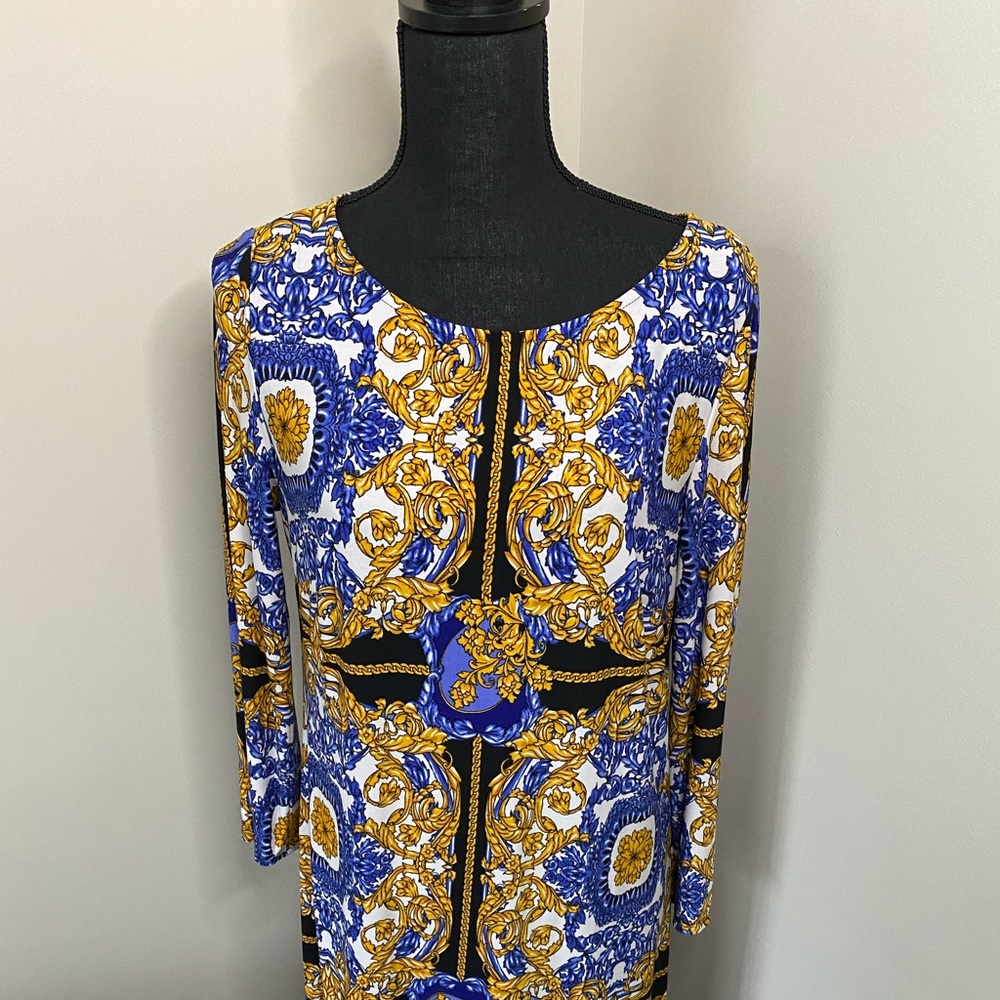 Long sleeve tunic blue and gold dress